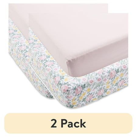 (2 pack) Parent s Choice 2-Pack Cotton Fitted Sheets for Baby Girls Pink Floral Crib/Toddler Bed