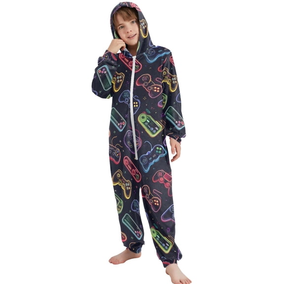 JOOGOO Game Controller Pattern Unisex Onesie Pajamas Jumpsuit Kids One-Piece Hooded Sleepwear 7-8T