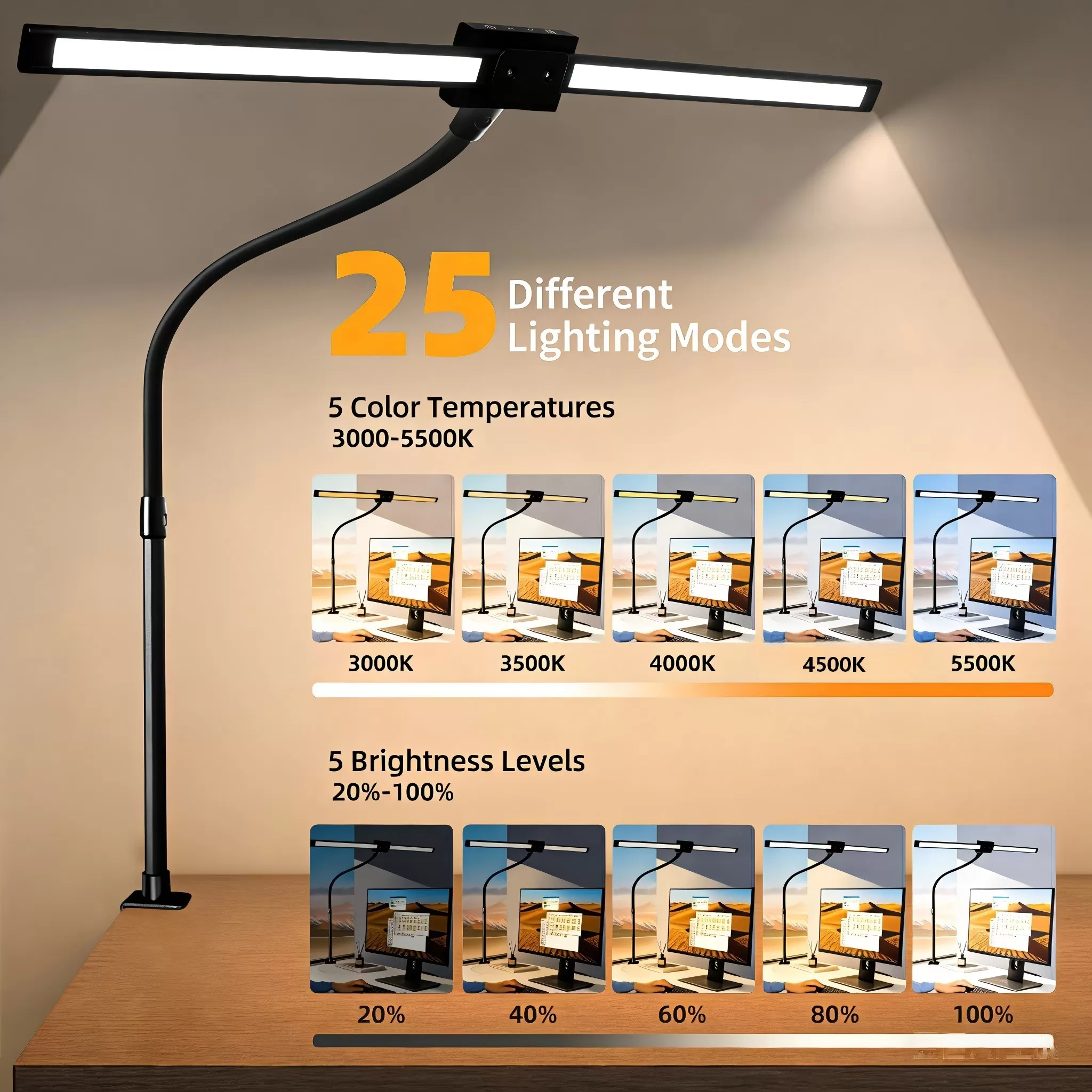 vonesiy LED Desk Lamp with Adjustable Gooseneck, 25 Lighting Modes & Eye-Caring Technology for Home Office Drafting Reading Study
