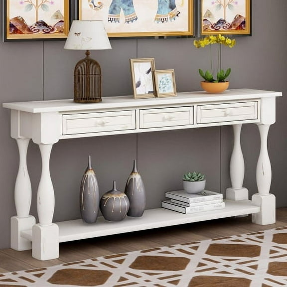 Wulawindy Console Table 64" Long Sofa Table Easy Assembly with Drawers and Shelf for Entryway, Hallway, Living Room (Antique White)