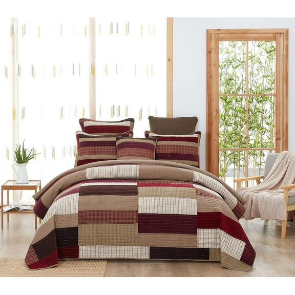 DaDa Bedding Crisp Flannel Warm Tones Cotton Velveteen Patchwork Bedspread Set (JHW-955)