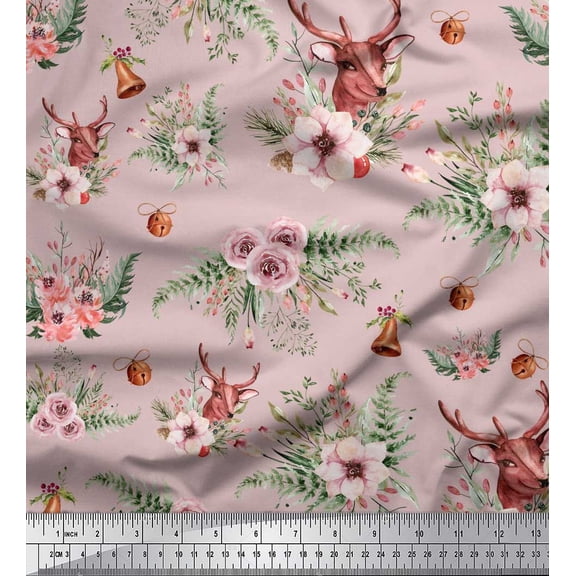 Soimoi Pink Georgette Viscose Fabric Deer & Freesia Floral Printed Craft Fabric 1 Yard 44 Inch Wide