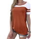 thumbnail image 3 of Camiseta de mujer Blusa de cuello redondo de manga corta con bloque de color a rayas, marrón, XL Methold AP001633-19, 3 of 6