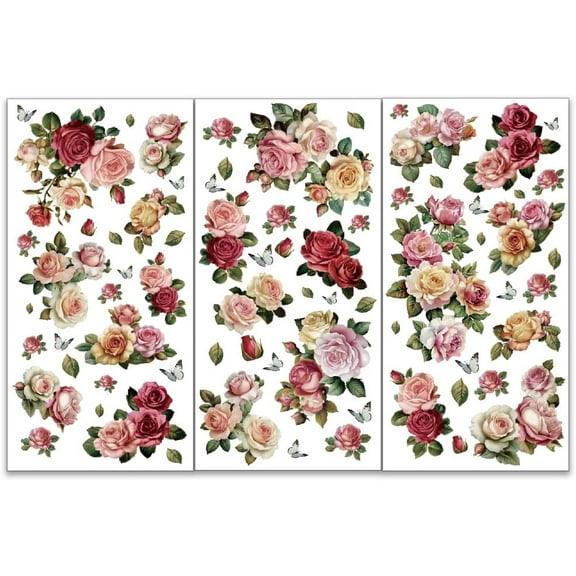 3pcs/Set Flower Rub on Transfers for Furniture and Crafts 6x12 Inch Colorful Roses Decals Small Florals Transfer Stickers for Wood Home Decor