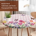thumbnail image 4 of Tulips Spring Floral Round Tablecloth, Fitted Table Cover with Elastic for 45"-54" Round Tables, Pink Plaid Flowers Butterfly Pastoral Table Cloth Outdoor Indoor Dinning Party Waterproof Tablecloths, 4 of 7