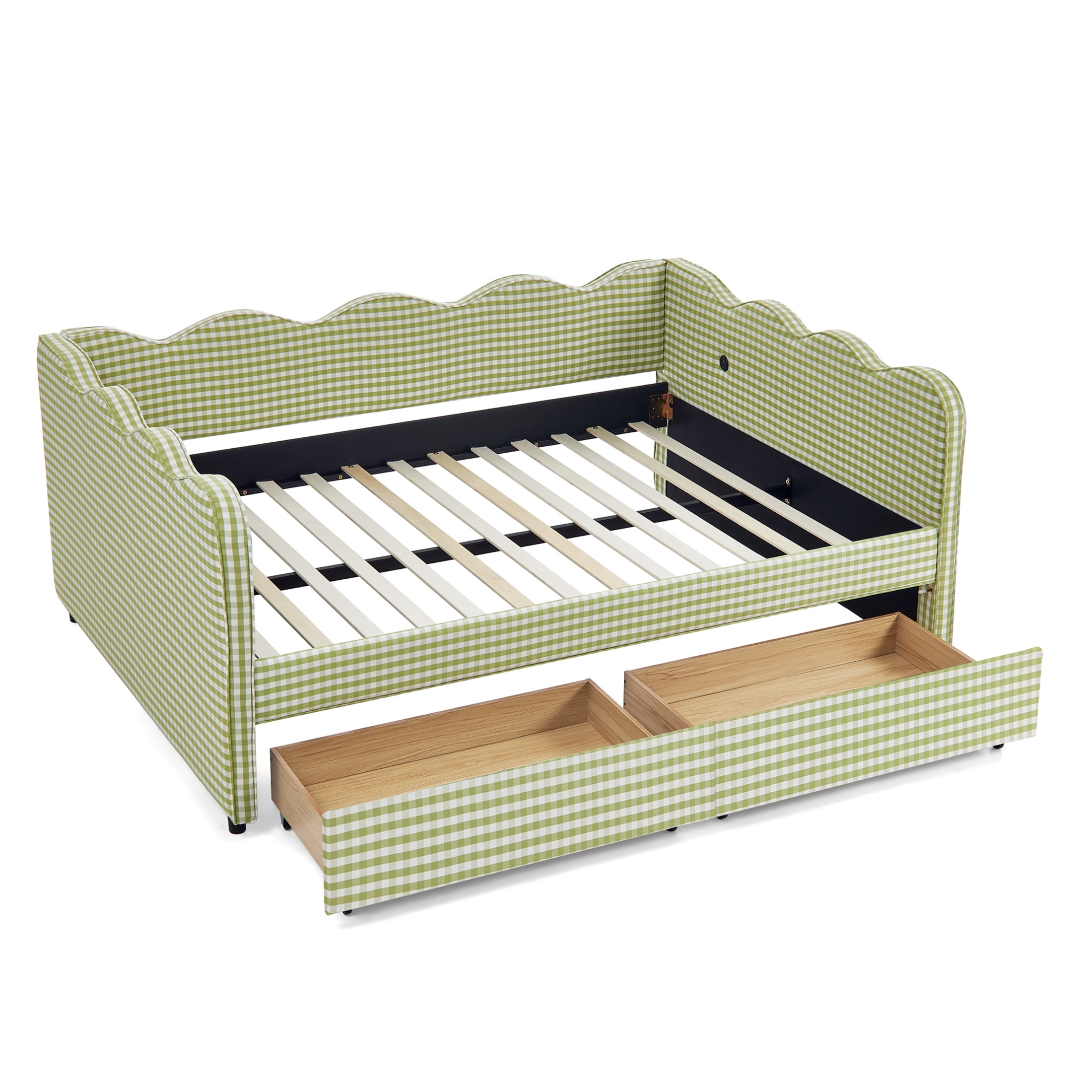Noble House Corlan Full Size Waved Daybed, Cozy Gingham Linen Sofa Bed with Storage Drawers and Charging Port, Green