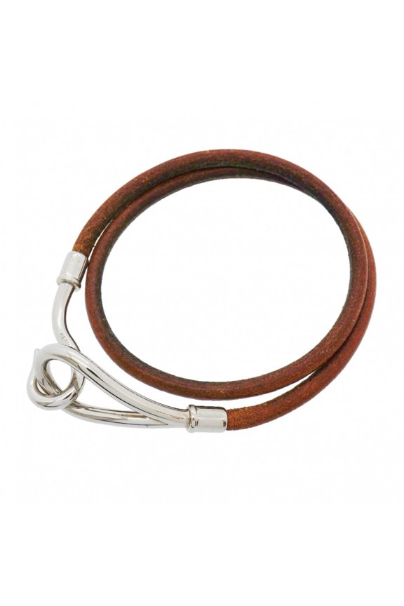 Pre-Owned Hermes Jumbo Hook Bracelet, Metal and Leather, Silver Brown, Women's