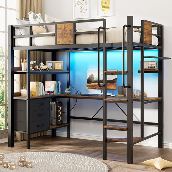 Twin Loft Bed with Arched Safety Guardrail and Ladder, Quiet Steel Slat Support, Space-Saving Loft for Small Rooms, Easy Assembly,Twin,Black