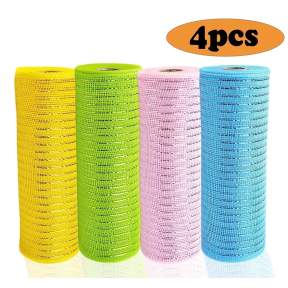 Easter Decor Poly Mesh Ribbon Rolls with Metallic Foil for DIY Wreaths,Crafts,and Party Decorations,Green,Pink,Blue,Yellow,40 Yards (4 Pack)