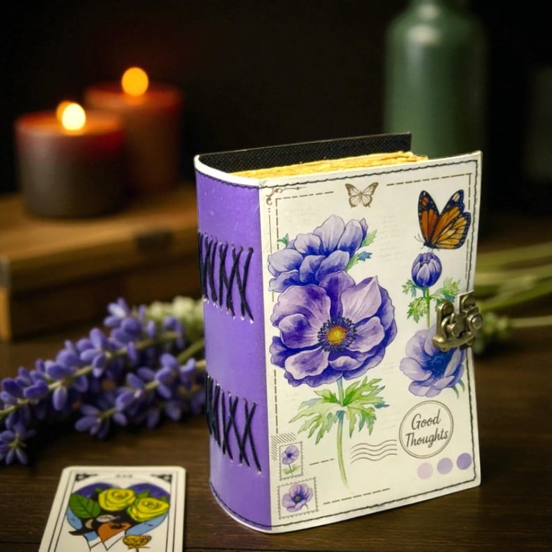 Handmade Leather Journal with Lavender Floral Art – 5x7 Inch Vintage Diary with 200 Deckle Edge Handmade Pages, Writing & Sketch Notebook, Aesthetic Butterfly Cover, Christmas Fest