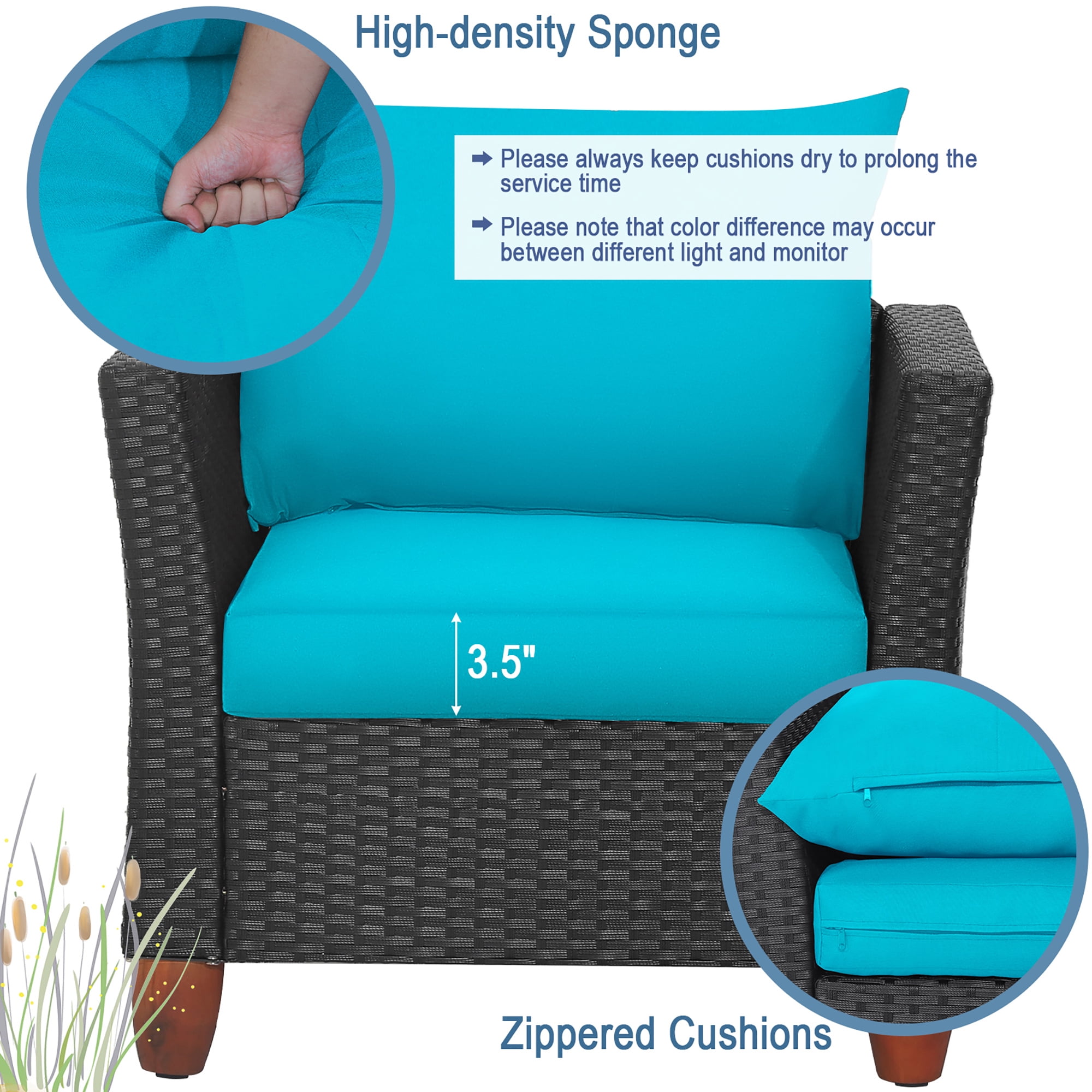 Gymax 3PCS Patio Rattan Conversation Set Outdoor Furniture Set w/ Turquoise Cushions