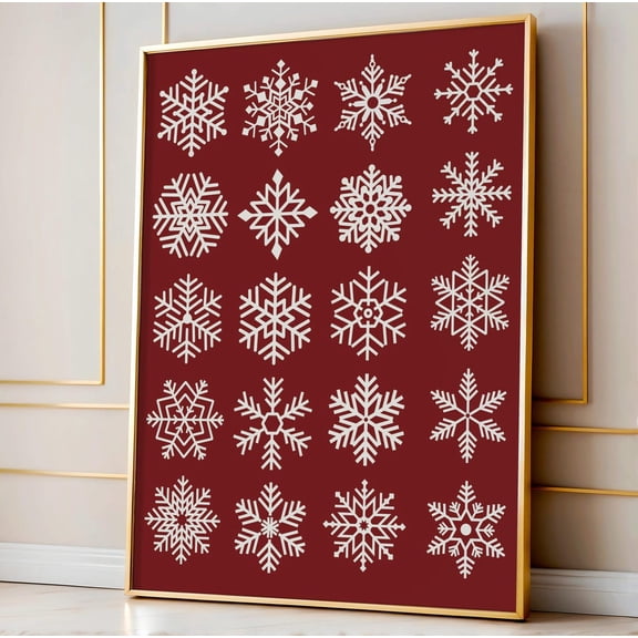 Red Winter Snowflakes Art Print, Wall Decor Home Decor #2724, Unframed Poster Size 8x12