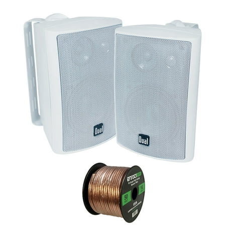 2x Dual Electronics LU47PW 4 Inch 100-Watt 3-Way Indoor / Outdoor High Performance Bookshelf Studio Monitor White Speakers w/ Swivel Brackets, Enrock 16-G 50 Ft Audio Speaker Wire