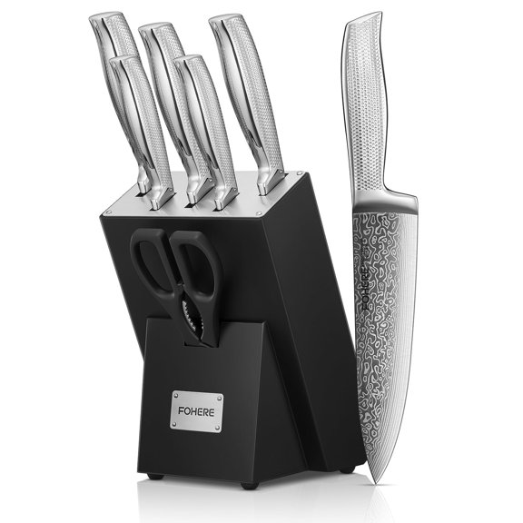 FOHERE 7-Piece Kitchen Knife Set with Sharpener, Unique Waved Pattern & Stainless Steel Handle