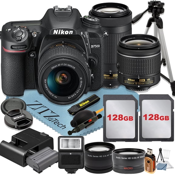 Nikon D7500 DSLR Camera with 18-55mm   70-300mm Lens   2 Pcs SanDisk 128GB Memory Cards   Tripod   Wideangle   Flash   ZeeTech Accessory Bundle