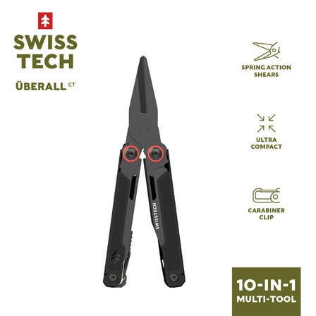 Swiss Tech Überall CT Shears 10-in-1 Multi-Tool with AUS-8 Steel Blade, Carabiner & Sheath – Black