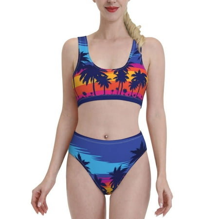 Bixox Beach with Palm Trees Pattern Two-Piece Sports Bikini with U-Shaped Top and High-Waist Bottom - Women s Swimwear with Removable Bra Pads