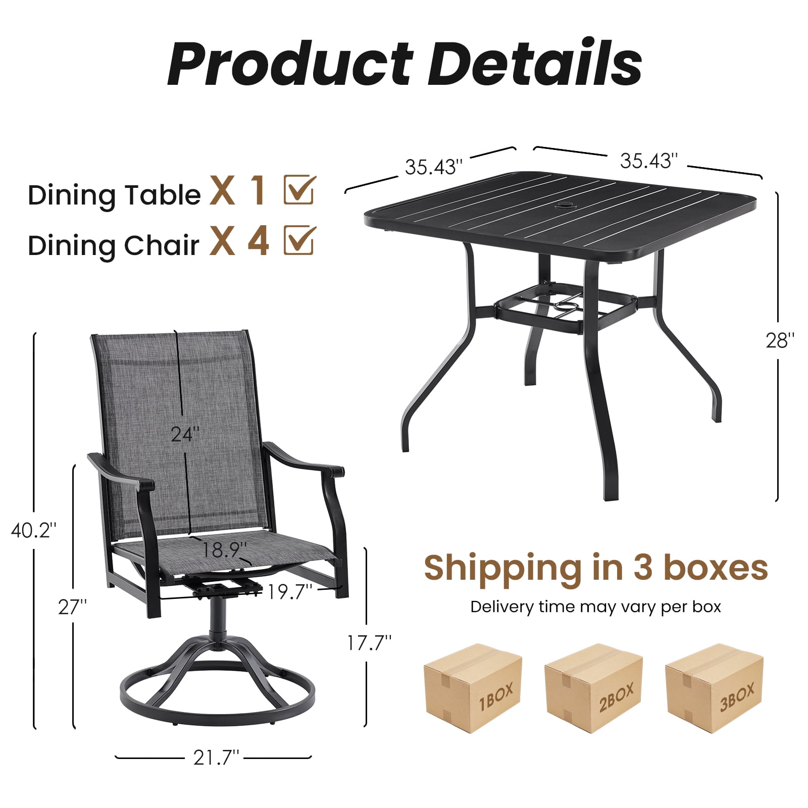 STARY 5 Pieces Outdoor Dining Set with 1.57" Umbrella Hole, Patio Swivel Dining Textilene Chairs and 35"x35" Iron Square Table for 4 People, Garden