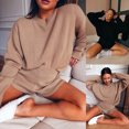 thumbnail image 2 of Female Knitted Suit Solid Color Loose Long Sleeve Round Neck Top + Short Pants, 2 of 6