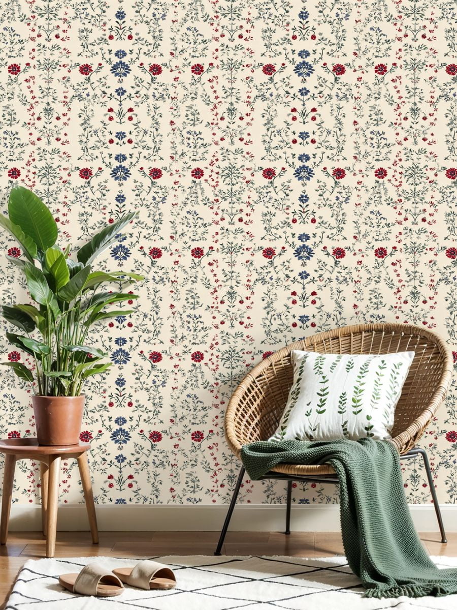 Peel and Stick Wallpaper Floral Red Blue Flowers Cream Wall Mural 17.7in x 9.8ft Self Adhesive Removable Wall Paper Renter Friendly Wallpaper for Bedroom Nursery Living Room