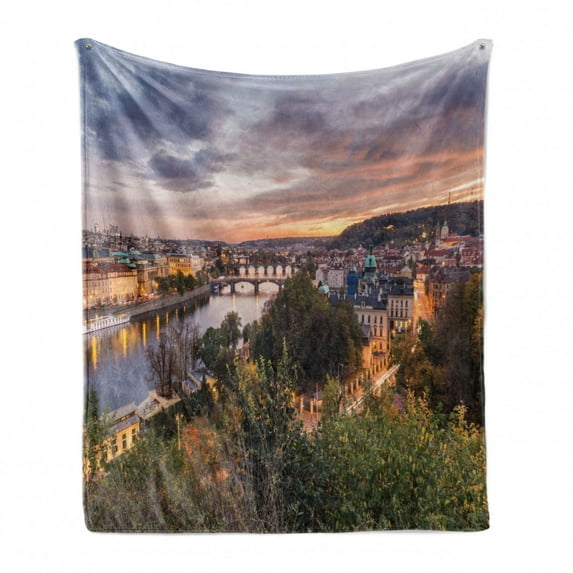 Prague Soft Flannel Fleece Throw Blanket, Valtava River During a Sunset in Czech Republic Landscape Illustration, Cozy Plush for Indoor and Outdoor Use, 50" x 70", Orange and Multicolor, by Ambesonne