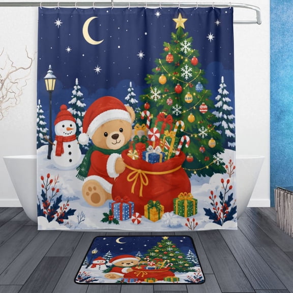 TTYFWHD 60" x 72" Shower Curtain and Bath Mat Set Christmas Bear Bag Waterproof Bathroom Curtain with 12 Hooks, Bathroom Decor Set