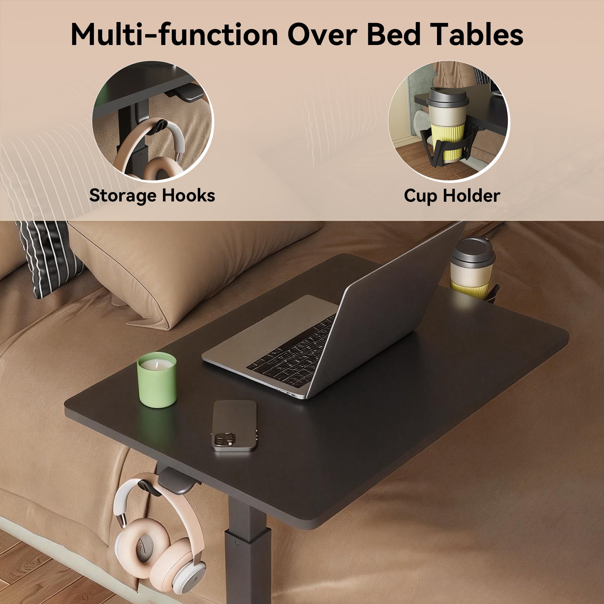 Gas Spring Height Adjustable Mobile Laptop Side Desk 26×19 Inch, Sit-Stand Rolling Table with Cup Holder & Headphone Hook for Bed Sofa Home Office