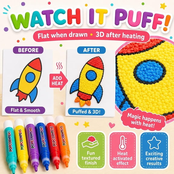 Popcorn Pens Puffy 3D Relief Art Pen Set, 12-Pack 5.12 Inch Bubble Art Markers for Creative Hand Lettering Journaling, bldnkj