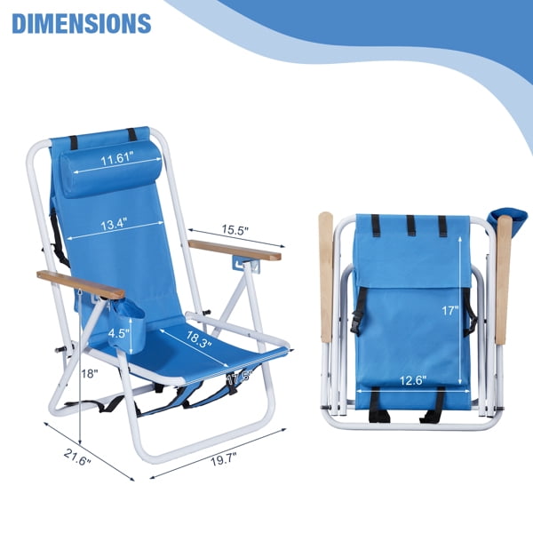 2 Pack Beach Chairs with Headrest & Cup Holder, Portable Backpack Camping Chairs 4-Position Lightweight Folding Chairs Support 265lbs - Blue