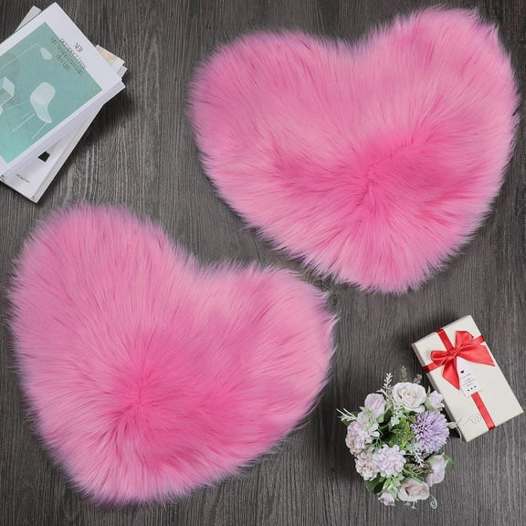 2 Pieces Fluffy Heart Shaped Rug Faux Area Rug Bushy Room Carpet for Home Living Room Sofa Floor Bedroom, 12 x 16 Inch (Rose Red)