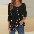 thumbnail image 2 of Jsaierl Tops for Women 3/4 Sleeve Casual Button Up Round Neck Shirts Cute Graphic Petite Pleated Blouses Soft Cotton Tunic Top S-2XL, 2 of 5