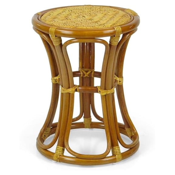 Rattan Wicker Stool - 14 Inch Round Colonial Stool - Fully Assembled Tropical Accent Seat - Indoor Home Decor Living Room Bedroom Furniture