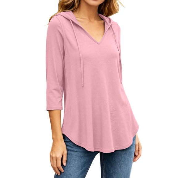Ozmmyan Plus Size Womens V Neck 3/4 Sleeve Hoodie Pullover Casual Loose Fit Drawstring Tunic Tops Lightweight Solid Color Blouse
