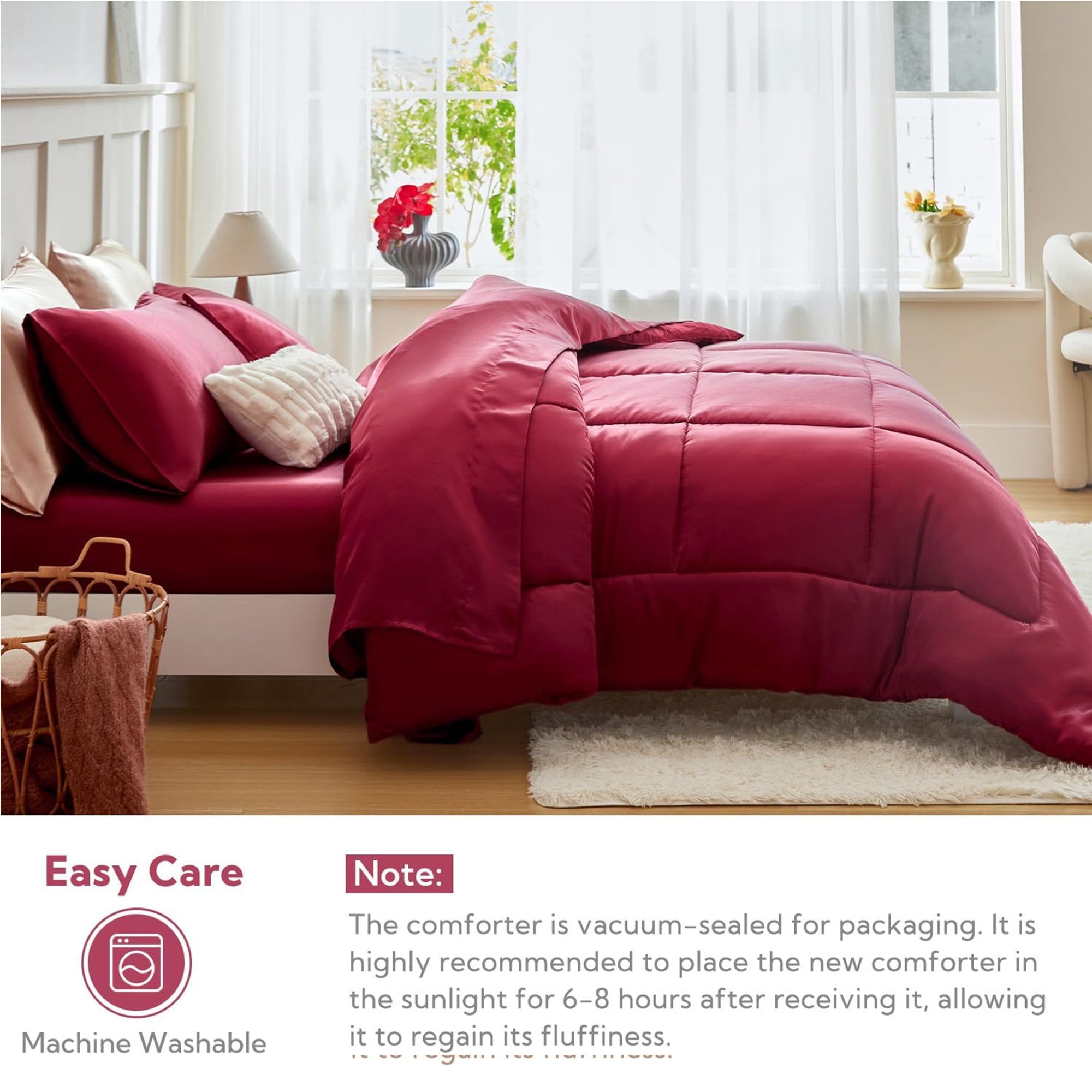 MR&HM Reversible Satin Microfiber Comforter 3 Pieces Queen Size, Burgundy Queen Comforter Set for All Seasons, Silky Soft Satin Comforter for Hair and Skin, with Satin Pillowcases Set of 2