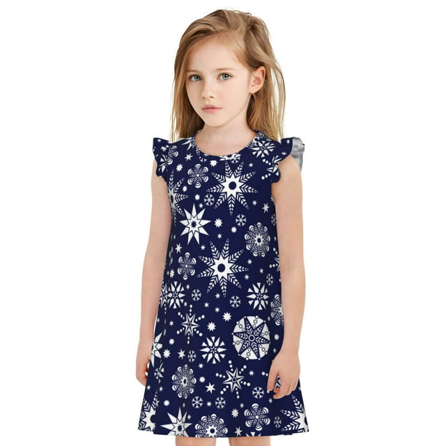 Fotbe Snowflakes2 Vestido de Dormir para Niñas de 3 a 10 Años, Mangas Cortas, Estilo Princesa, Pijama Camisón con Mangas Voladas-Small