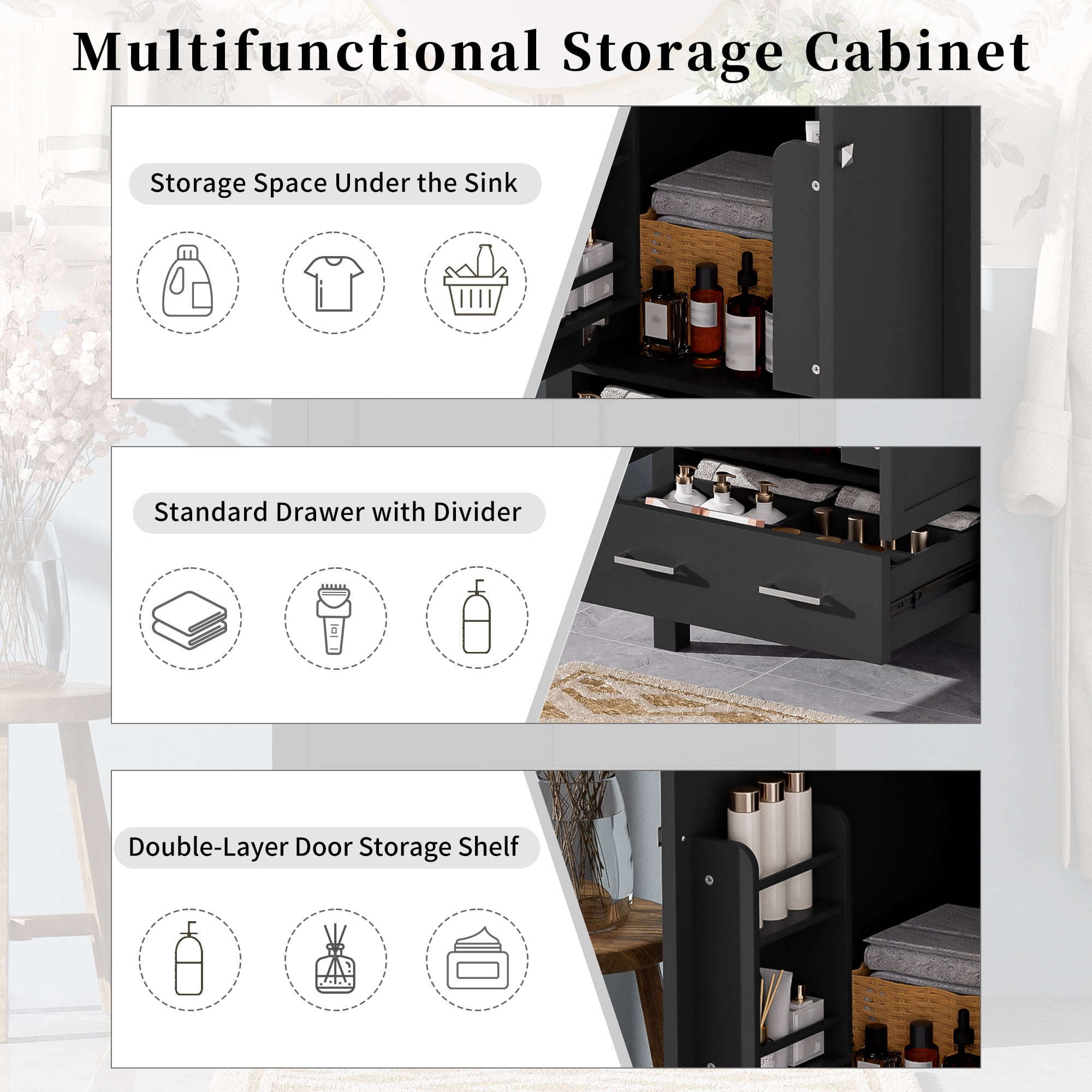 Euroco 48-Inch Bathroom Vanity with Integrated Undermount Sink, Storage Cabinet, Soft-Close Doors, Divided Drawer, and Double-Layer Door Shelf for Versatile Storage