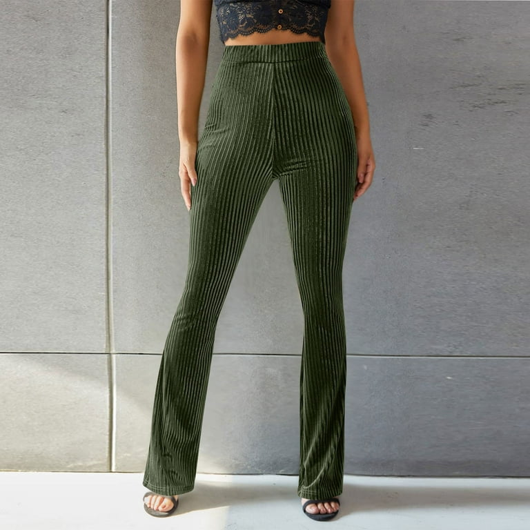 SSAAVKUY Women's Casual Yoga Pants Ribbed Seamless Workout High Waist Bell  Bottoms Flare Leggings Wide Leg Pants Soft Comfy Trousers Green S 