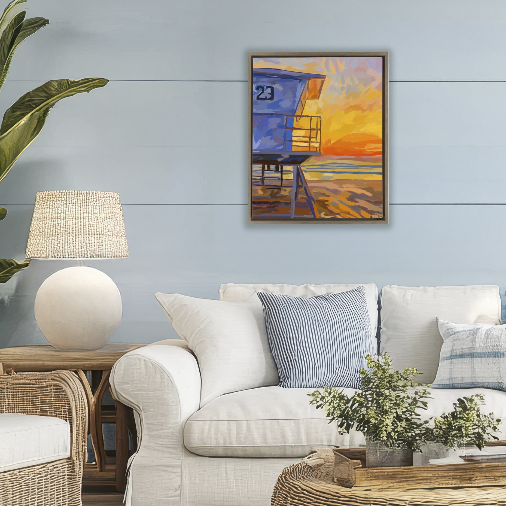 Stupell Industries Lifeguard Stand Sunset Brown Framed Floater Canvas Wall Art, design by Amelia Noyes