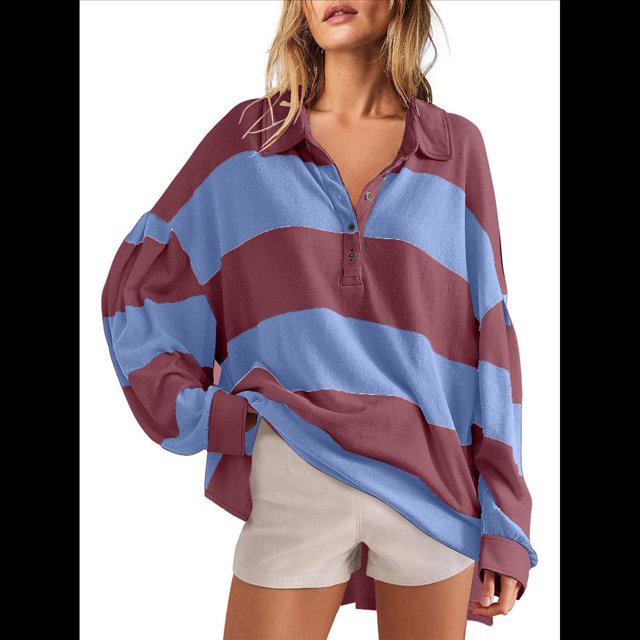 Suéteres de Cuello en V y Larga con Botones y Bloques de Color A Rayas para Mujer, Moda de Otoño 2025, Talla Grande Rojo y Azul S