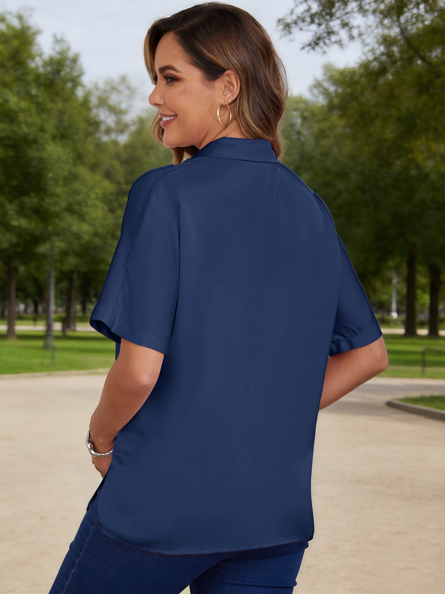 DARING DIVA Women's Maternity Button Down Collared Short Sleeve Satin Tops 2XL Navy