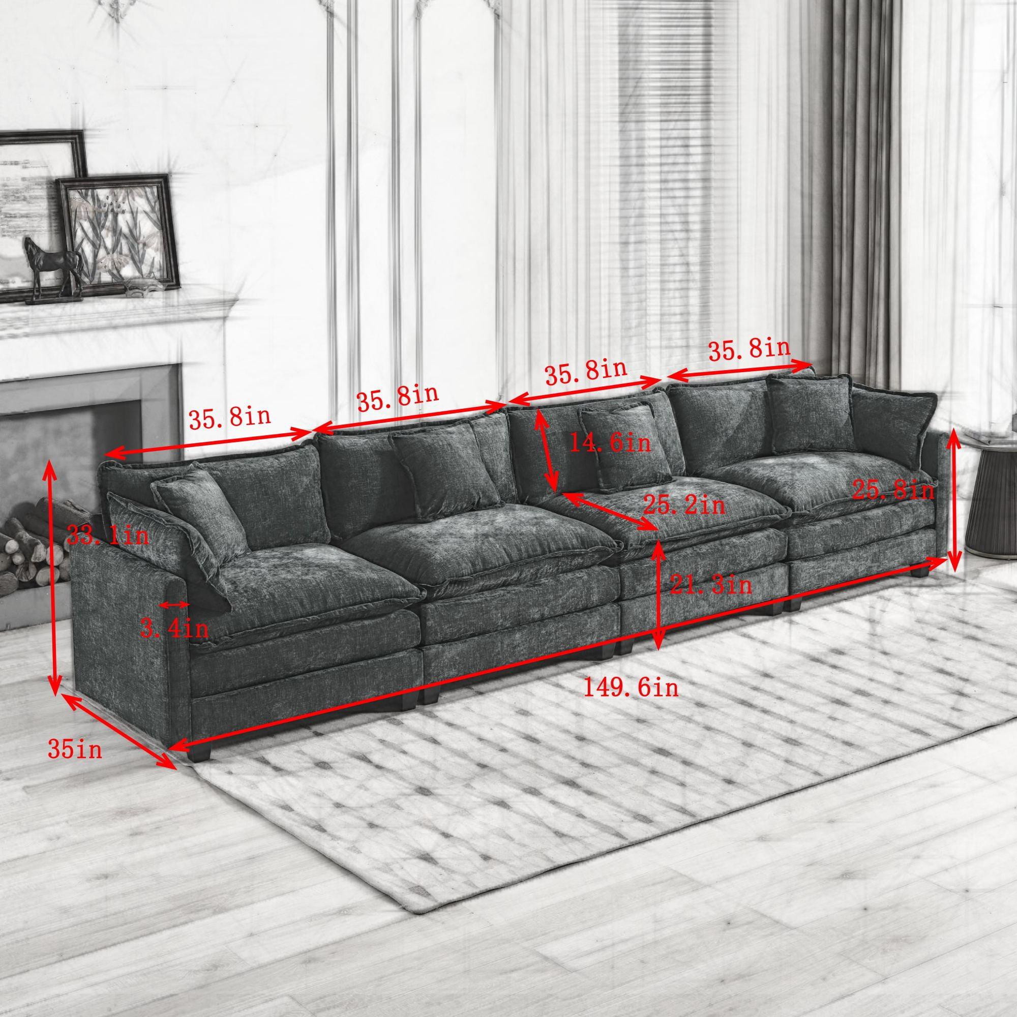 AISWORD 150" Extra Wide Modular Cloud Sofa, 4-Seater Sectional Couch with Double-Layer High-Elastic Sponge, Breathable Chenille Fabric Comfy Upholstered Settee for Living Room