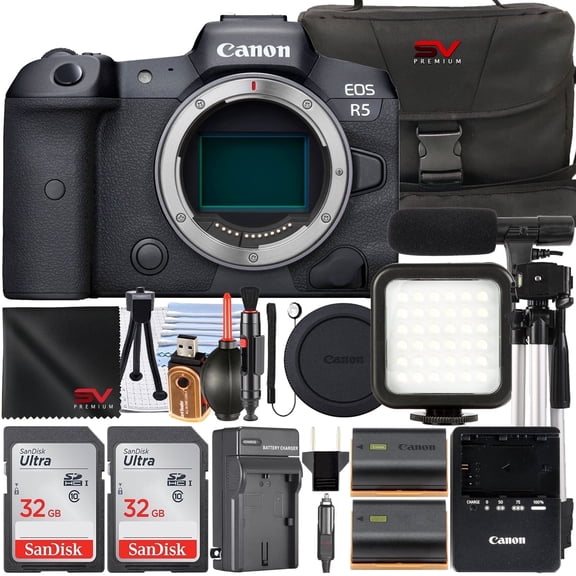 Canon EOS R5 Mirrorless Camera (Body Only) with 2 Pack 32GB Memory Card   Case   LED Flash   SV Premium Accessory Bundle (International Version)