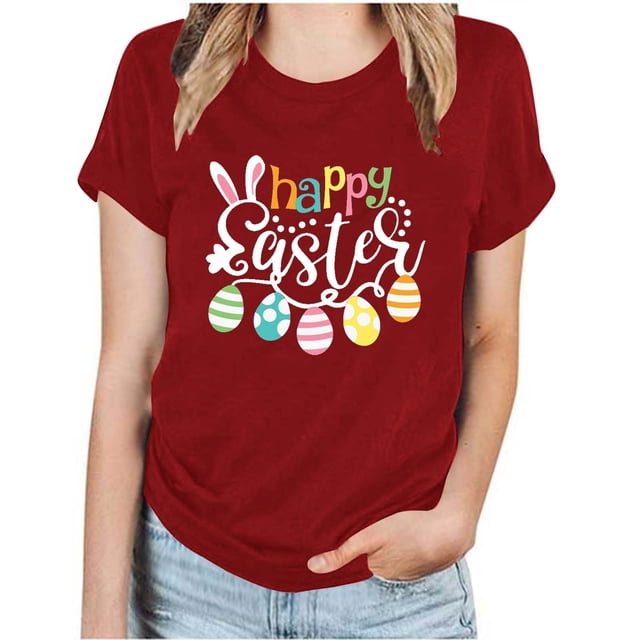 RKSTN Hauts pour Femmes Décontracté Été Ample Grande Taille Imprimé Graphique Lapin de Pâques Blouse Mode Col Rond Manches Courtes T-shirt