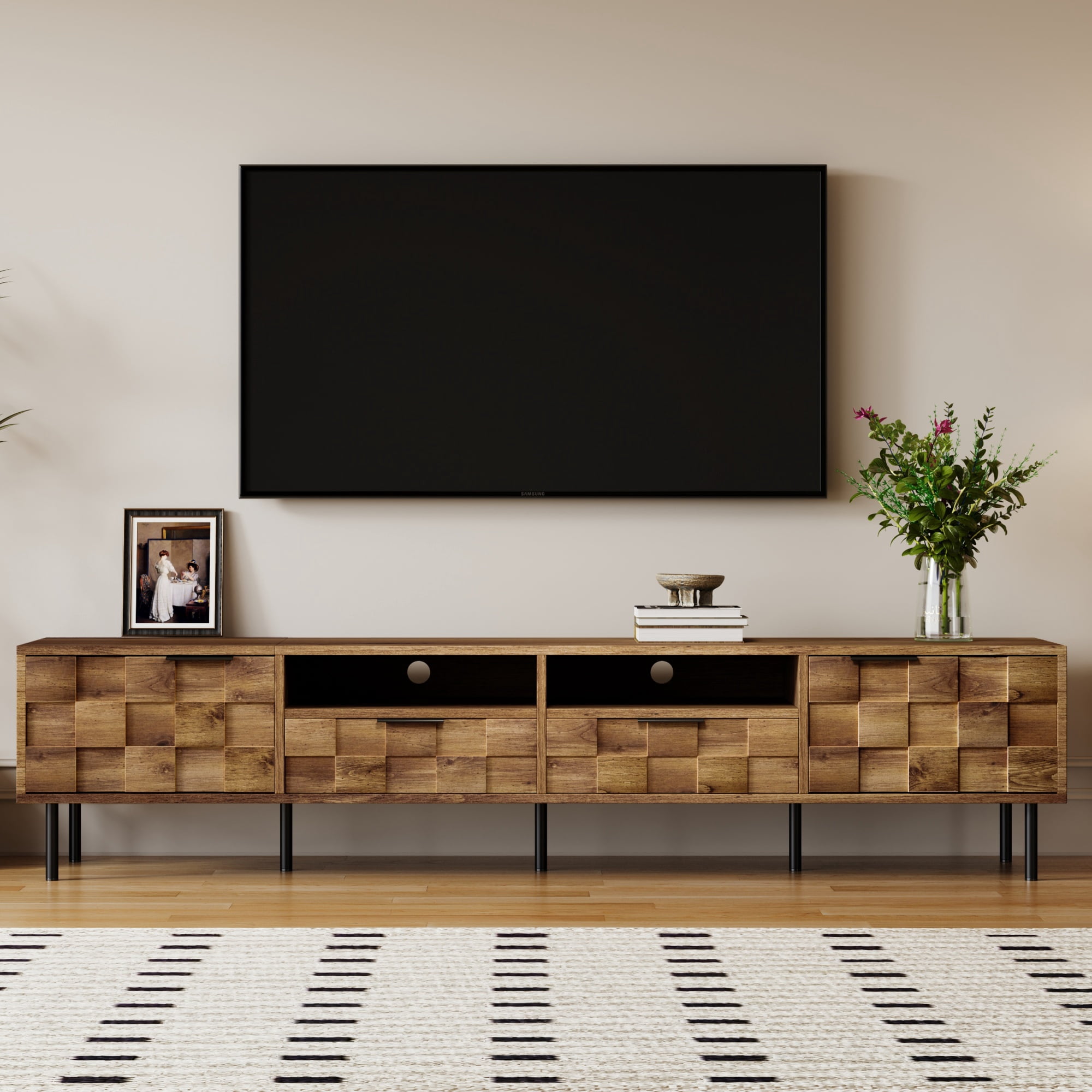 Aukfa 78.7" Mid-Century Modern TV Stand for TVs up to 85", Wood Media Console Entertainment Center,Checkered Design,Natural