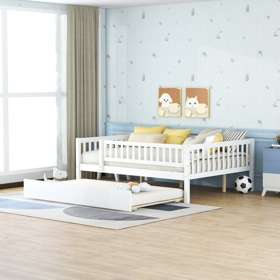 "White Full-Size Wooden Daybed with Pull-Out Trundle and Protective Fence Guardrails"