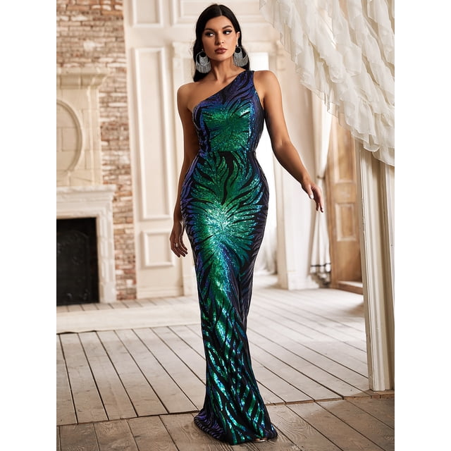 Vestido largo ajustado con cola de pez, hombros descubiertos, sin mangas, con flores grandes y lentejuelas