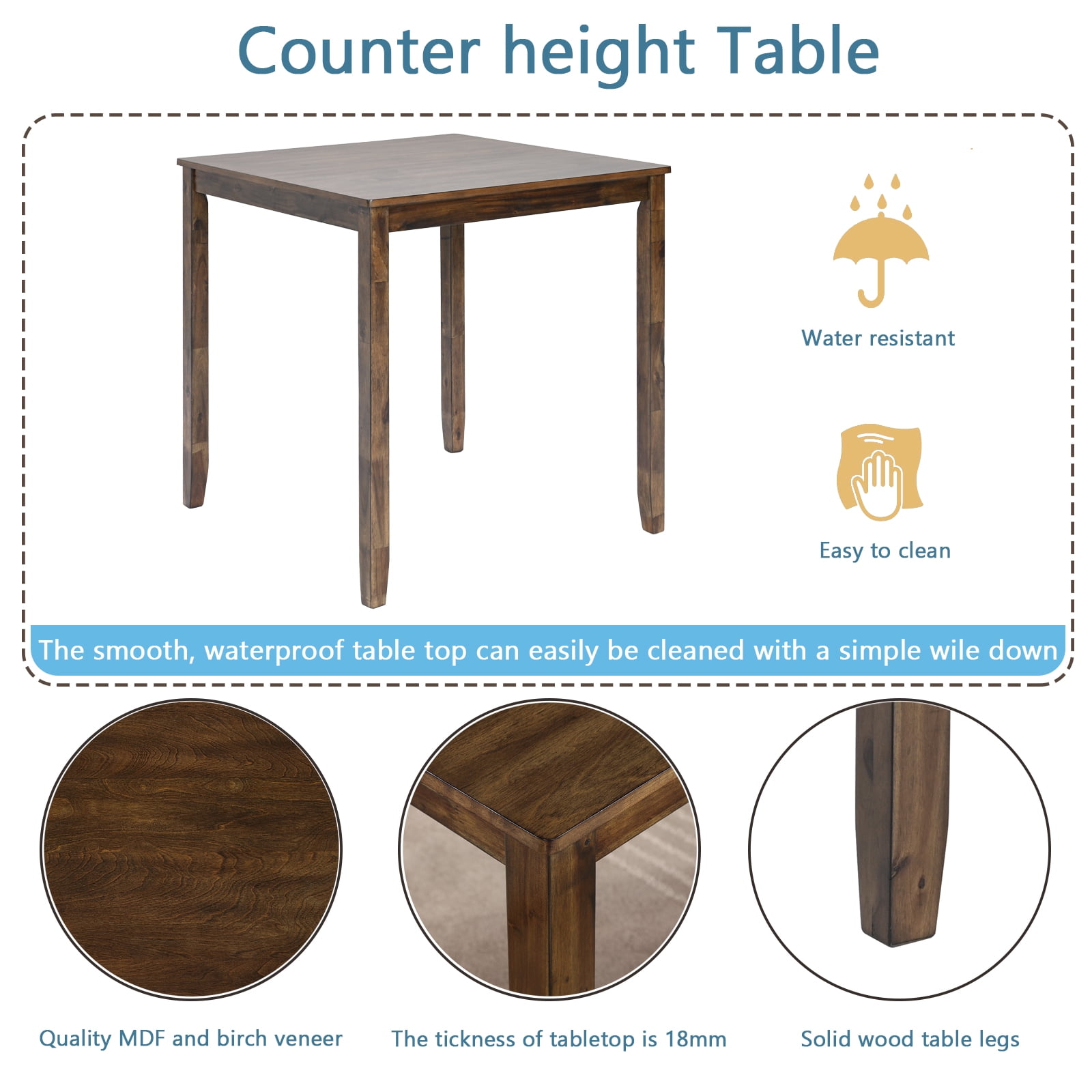 MAYEERTY 5 Piece Dining Table Set, Wooden Dining Square Table Set for 4, Counter Height Kitchen Table Set with Square Table and 4 Upholstered Chairs for Small Space, Walnut