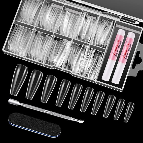Ealicere 120 pcs Ballerina False Nails with Box, 10 Size Clear Acrylic Nail Tips, Long Coffin Full Cover Fake Nail Tip with 2x 2g Nail Glue, Cuticle Pusher and Nail Files for Nail Salons and DIY