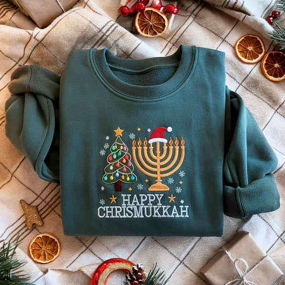 Embroidered Happy Chrismukkah Sweatshirt, Menorah Christmas Shirt, Judaica Candle, Jewish Religious Shirt, Family Xmas Hanukkah Sweater, Kid