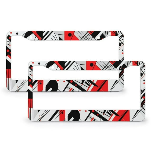 License Plate Frame Mix of Black And Red on White Geometric Abstract Pattern Customized Decor Car Tag 2 Pack Simple Geometric Quality Aluminum Metal License Plate Frames for Women Men